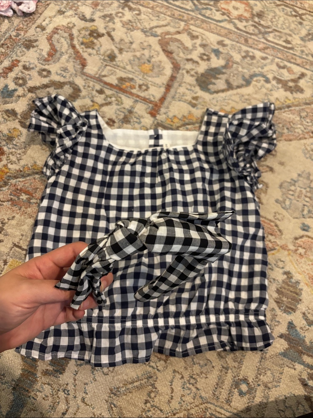 Janie and Jack Black & White Gingham Ruffle Sleeve Top with Headband